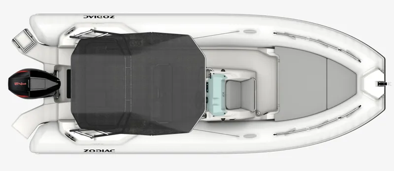 Slide: The Image of 2024 Zodiac Medline 6.8 inflatable boat, top view, white with black canopy. - 6