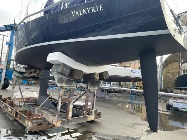 Slide: The Image of 2011 J Boats J/111 sailboat "Valkyrie" on stands in a boatyard. - 42