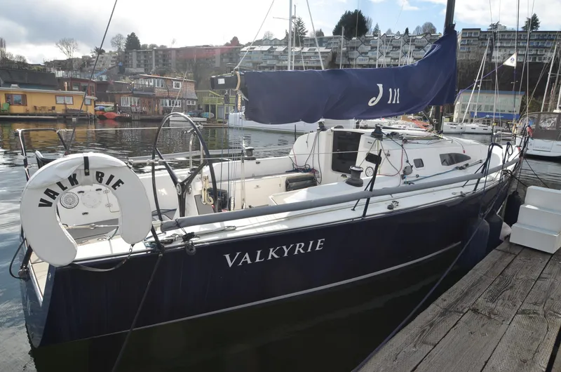 Slide: The Image of 2011 J Boats J/111 sailboat Valkyrie docked at a marina. - 5
