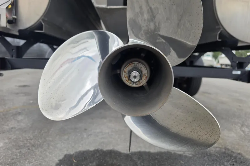 Slide: The Image of Close-up of a 2023 Sun Tracker Bass Buggy 18 DLX boat propeller. - 5