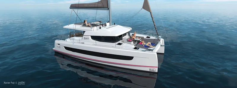 Slide: The Image of 2025 Bali 4.6 catamaran sailing on calm ocean waters. - 0