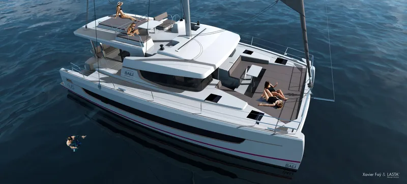 Slide: The Image of 2025 Bali 4.6 catamaran on water with people relaxing on deck. - 1