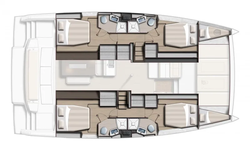 Slide: The Image of Floor plan of 2025 Bali 4.6 catamaran with four cabins and modern layout. - 12