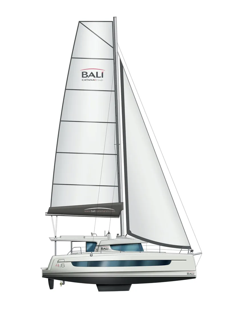 Slide: The Image of 2025 Bali 4.6 catamaran sailboat with sleek design and spacious deck. - 4
