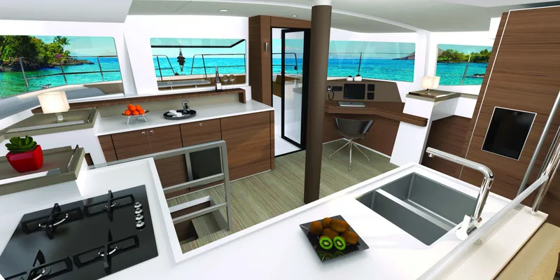 Slide: The Image of Luxurious Bali 4.6 yacht interior with modern kitchen and ocean view, 2025 model. - 7