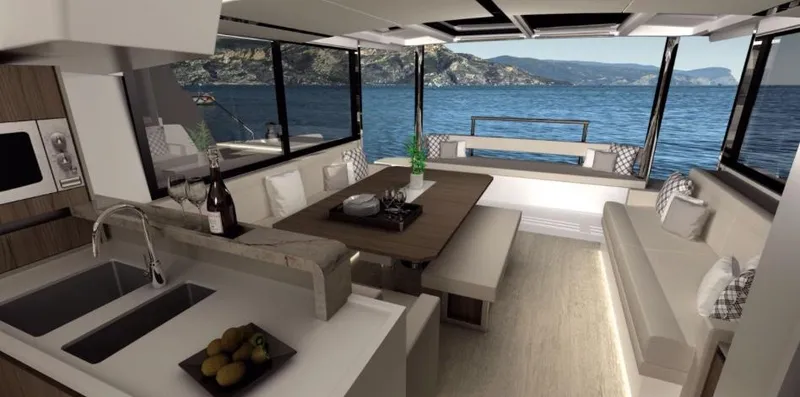 Slide: The Image of Luxurious interior of 2025 Bali 4.8 yacht with panoramic ocean views. - 14