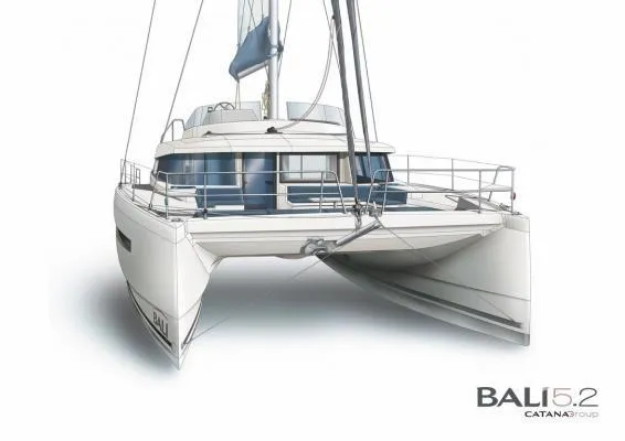 Slide: The Image of Front view of 2025 Bali 5.4 catamaran, showcasing sleek design and spacious deck. - 28