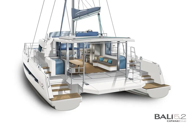 Slide: The Image of 2025 Bali 5.4 catamaran with spacious deck and modern interior design. - 29