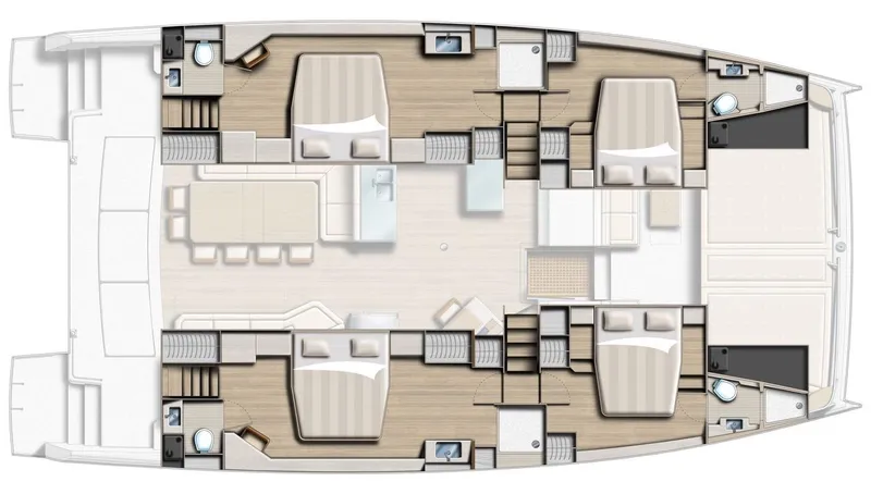 Slide: The Image of Floor plan of 2025 Bali 5.4 catamaran with four bedrooms and spacious living area. - 32