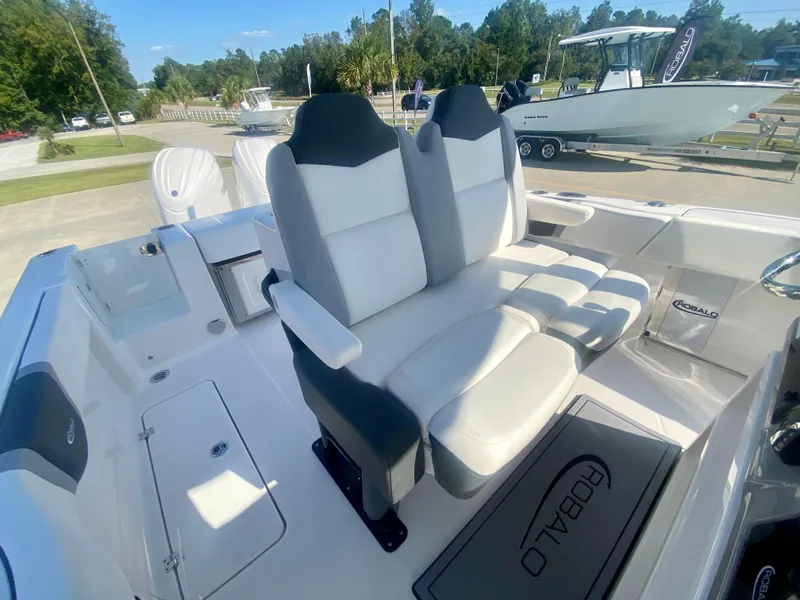 Slide: The Image of 2026 Robalo R250 boat interior with dual seats and sleek design. - 19