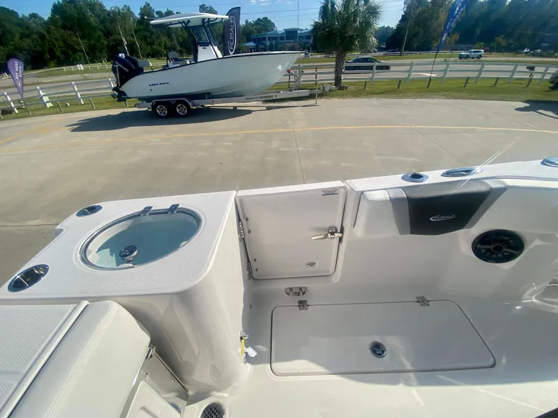 Slide: The Image of 2026 Robalo R250 boat interior with livewell, storage, and seating, parked on a trailer. - 12