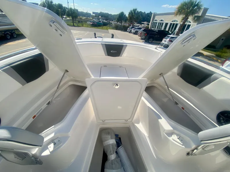 Slide: The Image of 2026 Robalo R250 boat interior with open storage compartments and seating. - 29