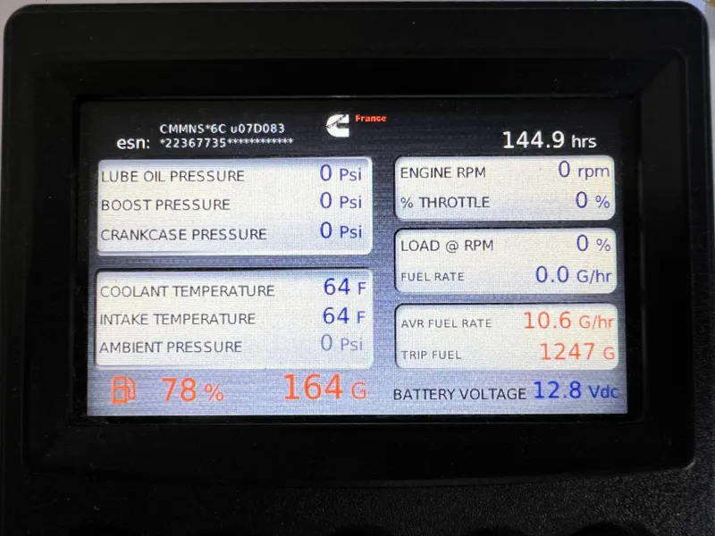 Slide: The Image of Engine monitoring display of a 2021 Beneteau Swift Trawler 35 showing various parameters. - 12
