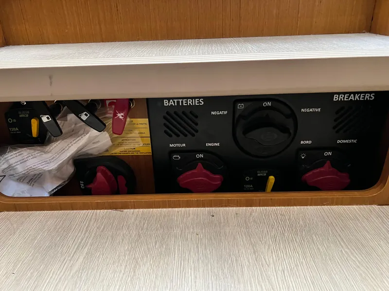 Slide: The Image of Battery and breaker panel on a 2021 Beneteau Swift Trawler 35. - 33