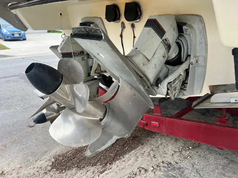Slide: The Image of Close-up of 1991 Cruisers Yachts Rouge 33 dual propeller system. - 6