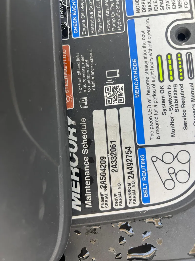 Slide: The Image of Mercury maintenance schedule label on 2016 Crownline 270 SS boat. - 45