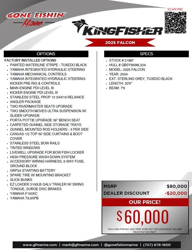 Slide: The Image of KingFisher 2025 Falcon boat features, pricing, and dealer discount details. - 38