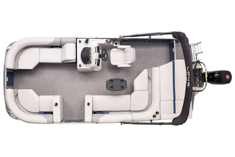 The Image of Top view of 2024 Lowe SS210 pontoon boat with spacious seating and modern helm. - 8