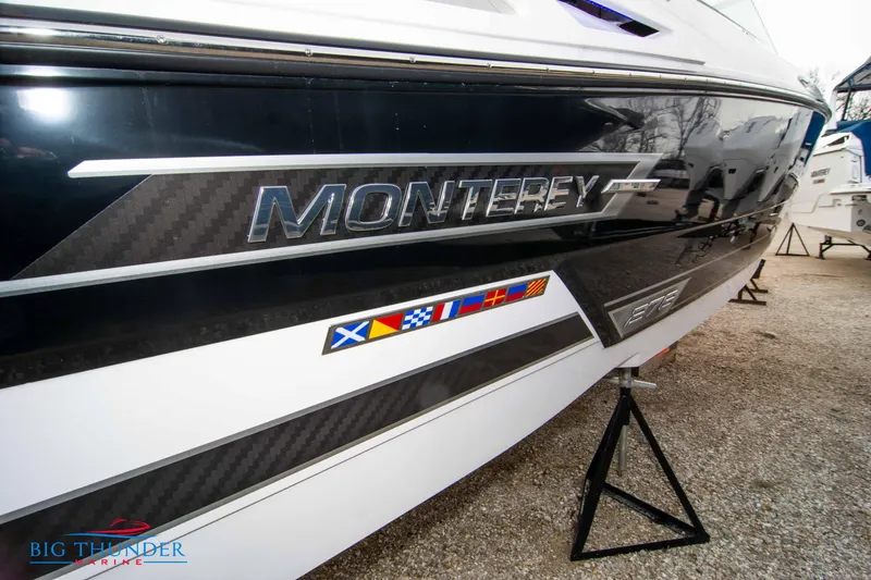 Slide: The Image of 2024 Monterey 278 SS boat side view with logo and nautical flags. - 14