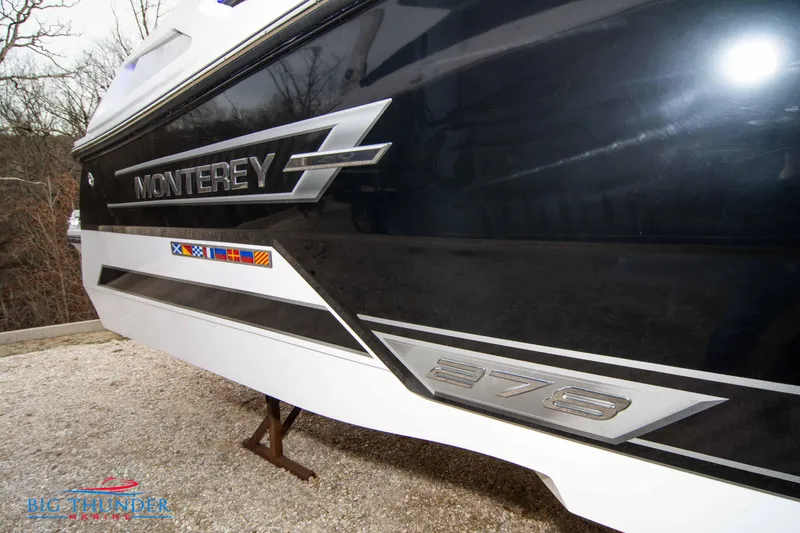 Slide: The Image of 2024 Monterey 278 SS boat side view with logo and model details. - 15