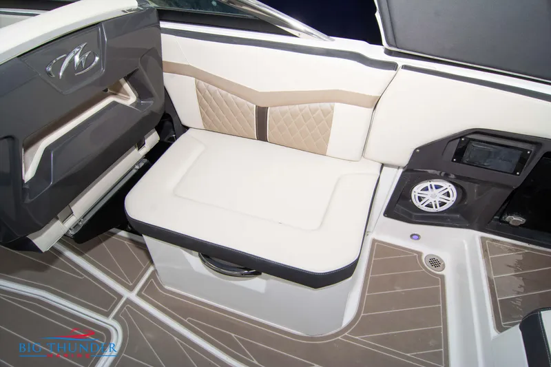 Slide: The Image of 2024 Monterey 278 SS boat interior seating with storage and speaker. - 34