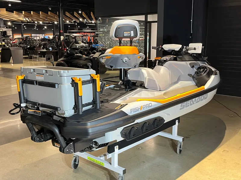Slide: The Image of 2024 Sea-Doo Fishpro Trophy 170 on display in showroom. - 2