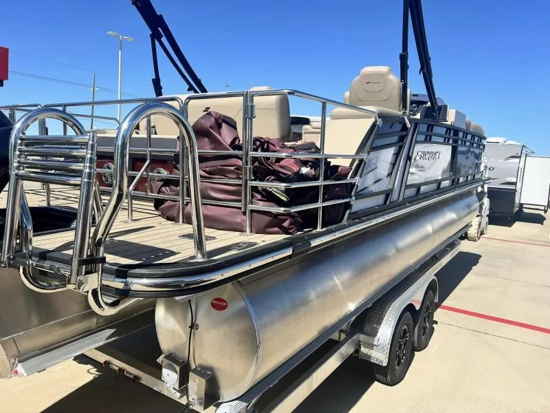 Slide: The Image of 2023 Starcraft SLS-5 Q DH pontoon boat on trailer, rear view. - 4