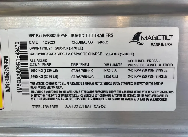 Slide: The Image of Magic Tilt Trailers label for 2024 Sea Fox 251 Bay Fox, GVWR 2805 kg, carrying capacity 2364 kg - 33
