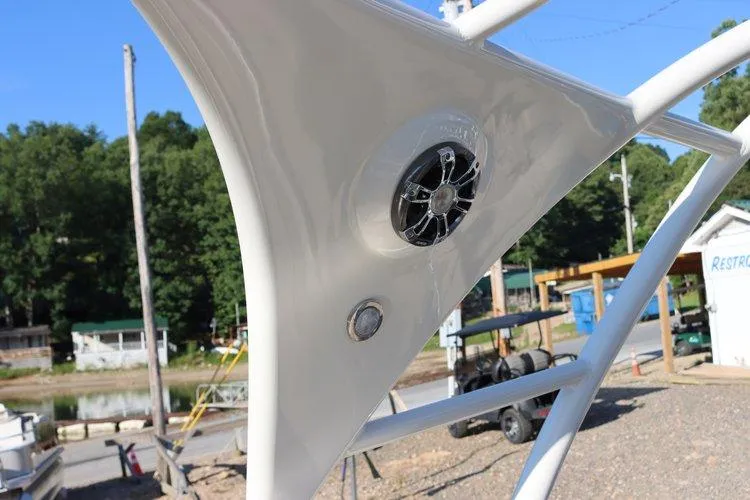 Slide: The Image of 2022 Tahoe Pontoon LTZ 2485 QL speaker and light detail on boat frame. - 5