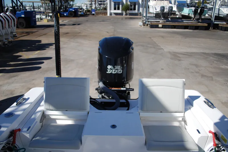 Slide: The Image of Everglades 253 boat, 2021 model, with a 300 HP outboard engine at a marina. - 11
