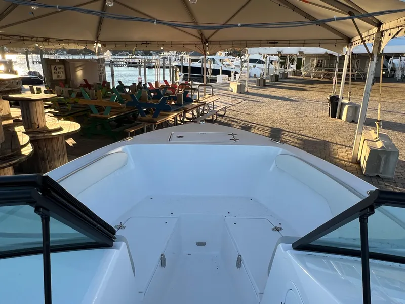 Slide: The Image of 2024 Aquasport 2200 DC boat under a canopy at a marina. - 13
