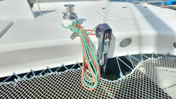 Slide: The Image of Sailboat deck with colorful ropes and netting, Custom Morelli-Miller model, 1991. - 39