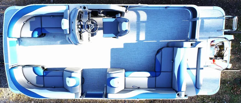 Slide: The Image of 2023 Tahoe Pontoon LT - 21' boat, top view, spacious seating, modern design. - 7