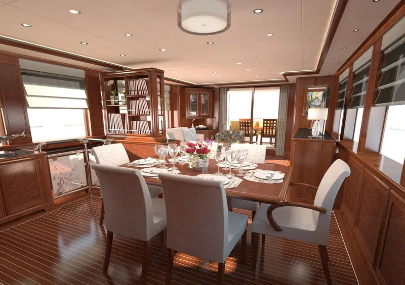 Slide: The Image of Luxurious dining area on 2026 Selene 78 Ocean Explorer yacht, featuring elegant wood finishes and modern decor. - 11