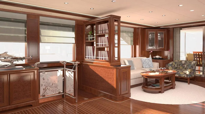 Slide: The Image of Luxurious interior of 2026 Selene 78 Ocean Explorer yacht with elegant wood finishes and cozy seating. - 12