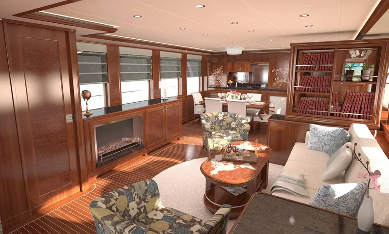 Slide: The Image of Luxurious interior of 2026 Selene 78 Ocean Explorer yacht with elegant wood finishes and modern furnishings. - 13