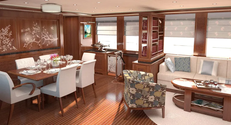 Slide: The Image of Luxurious interior of 2026 Selene 78 Ocean Explorer yacht with elegant dining and seating areas. - 14