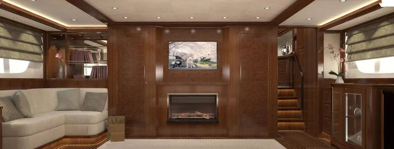 Slide: The Image of Luxurious interior of 2026 Selene 78 Ocean Explorer yacht with elegant wood paneling. - 15