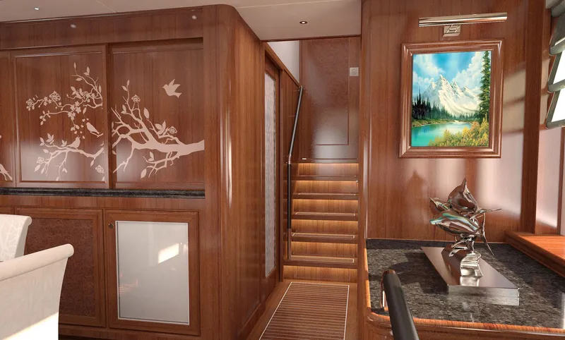 Slide: The Image of Luxurious interior of 2026 Selene 78 Ocean Explorer yacht with elegant wood paneling and artwork. - 16