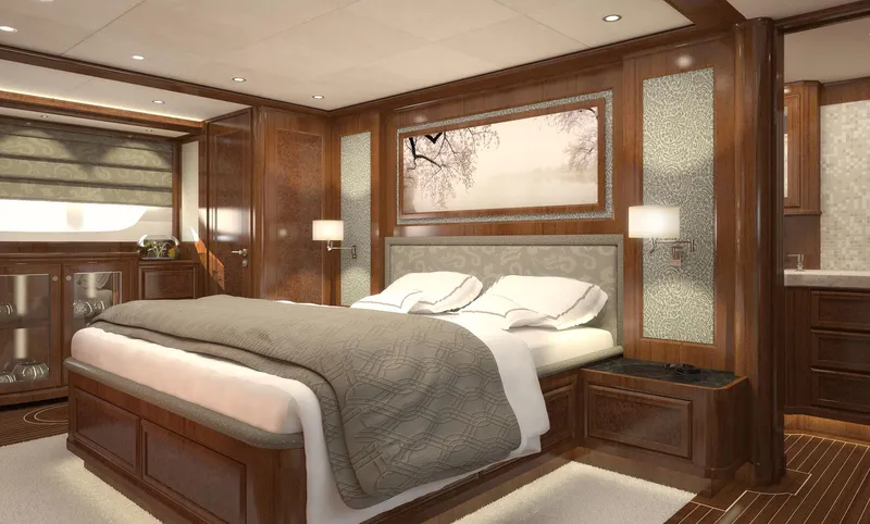 Slide: The Image of Luxurious bedroom interior of 2026 Selene 78 Ocean Explorer yacht with elegant wood finishes. - 17