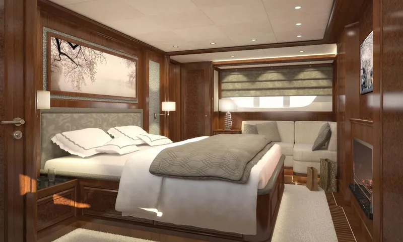 Slide: The Image of Luxurious bedroom interior of 2026 Selene 78 Ocean Explorer yacht, featuring elegant wood finishes. - 18