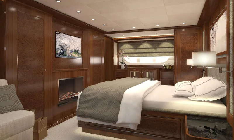 Slide: The Image of Luxurious bedroom interior of 2026 Selene 78 Ocean Explorer yacht with elegant wood finishes. - 19