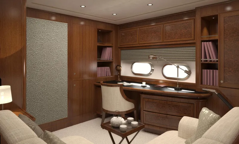 Slide: The Image of Luxurious study room on 2026 Selene 78 Ocean Explorer yacht with elegant wood furnishings. - 21