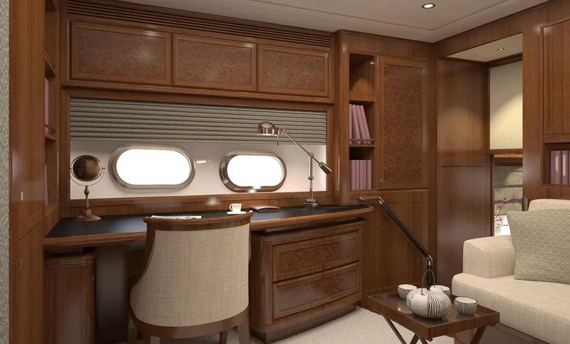 Slide: The Image of Luxurious study area in 2026 Selene 78 Ocean Explorer yacht with elegant wood finishes. - 22