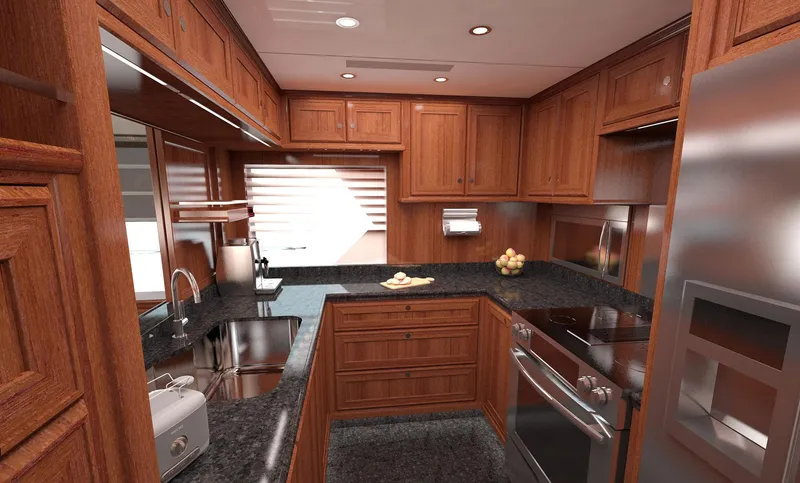 Slide: The Image of Luxurious kitchen interior of 2026 Selene 78 Ocean Explorer yacht with wooden cabinetry and modern appliances. - 24