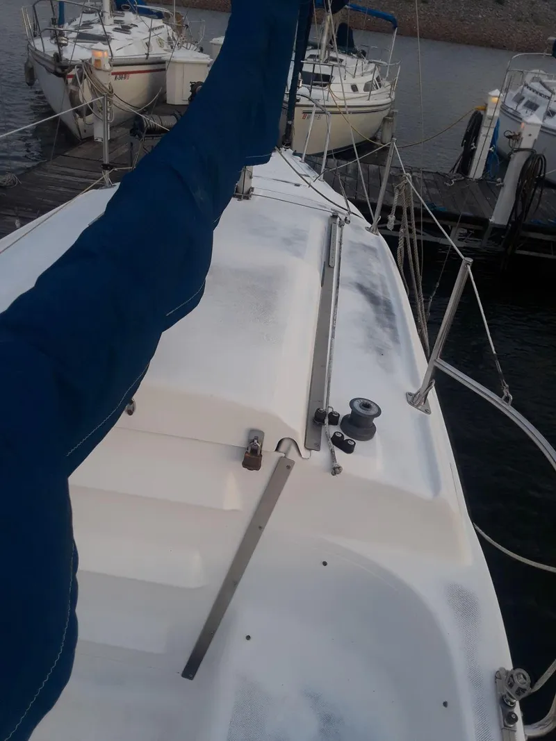 Slide: The Image of Sailboat docked at marina, MacGregor 26 "X" model, 1996, with blue sail cover. - 13