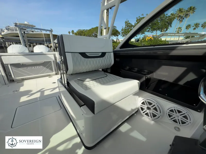 Slide: The Image of 2024 Blackfin 252 DC boat interior with seating and speakers. - 31