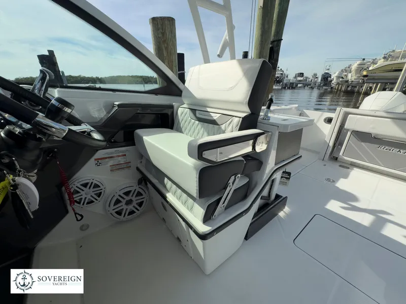 Slide: The Image of Captain's chair on a 2024 Blackfin 252 DC boat, docked at a marina. - 34