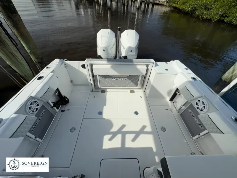 Slide: The Image of 2024 Blackfin 252 DC boat with twin engines, spacious deck, and Sovereign Yachts logo. - 42