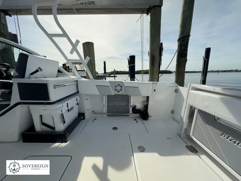 Slide: The Image of 2024 Blackfin 252 DC boat deck with storage compartments and seating, docked by the water. - 45